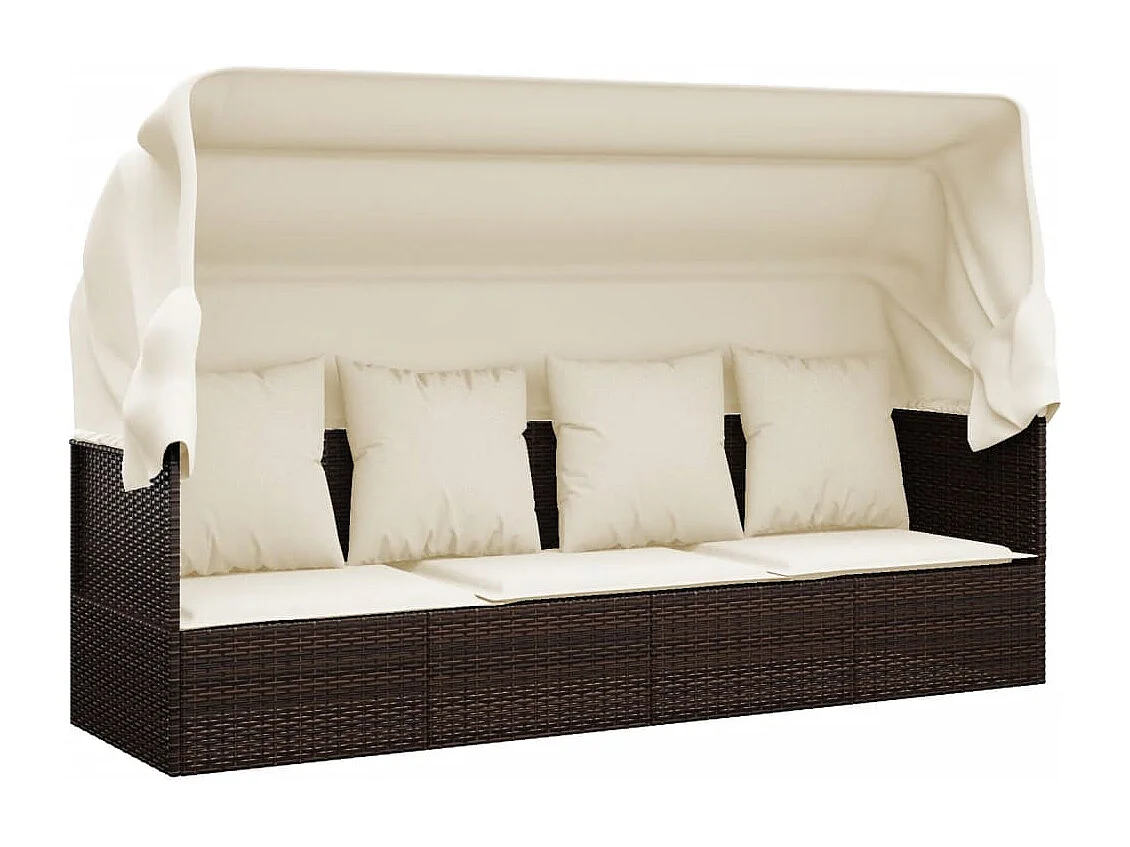 Buitenligbed met dak en kussens Bruin gevlochten hars