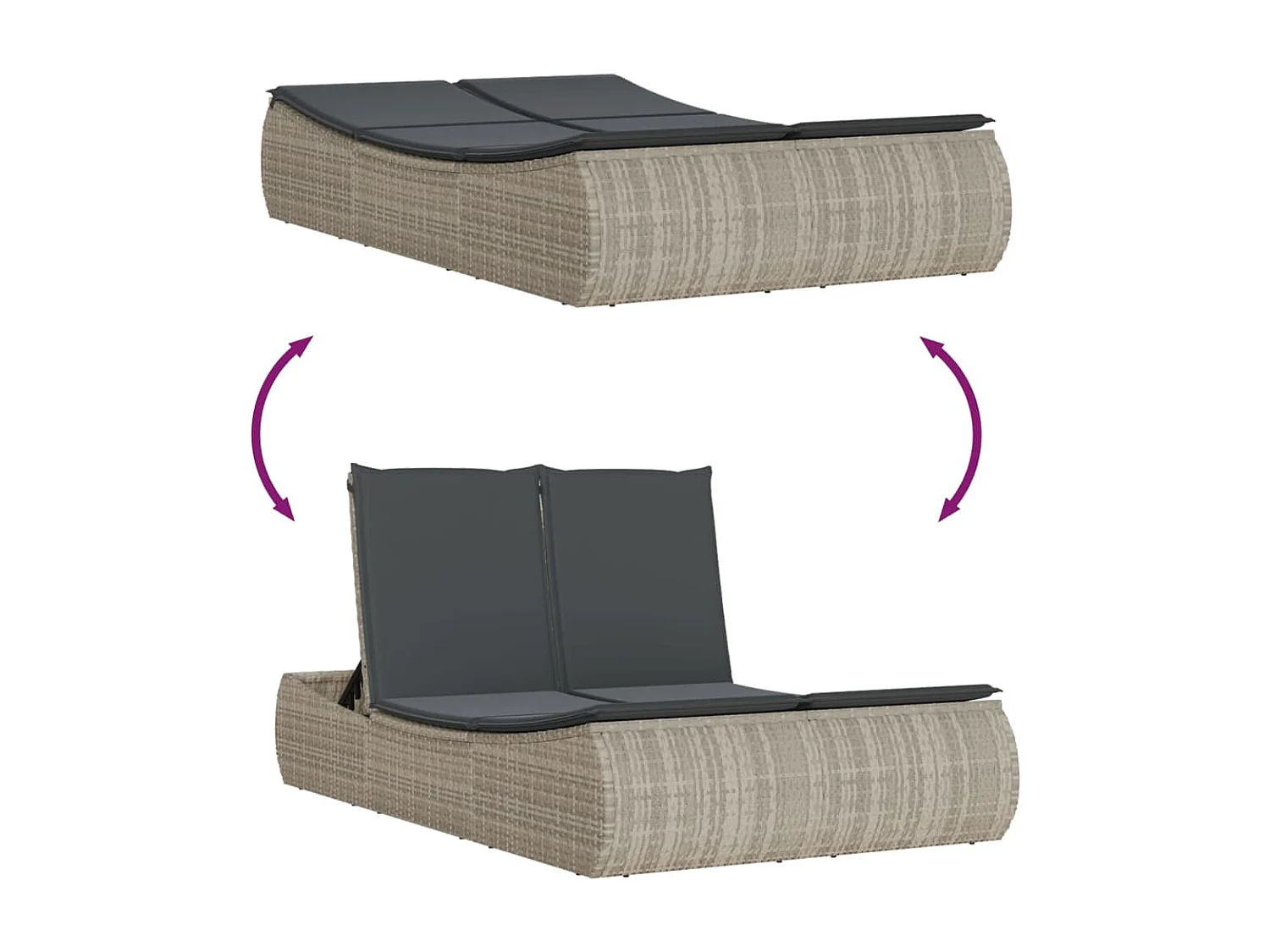 Dubbele chaise longue met lichtgrijze kussens van geweven hars