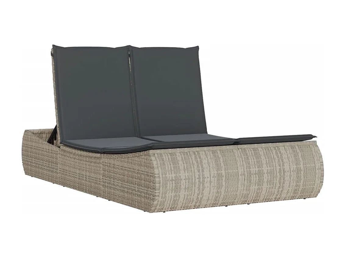 Chaise longue doble con cojines gris claro en resina trenzada