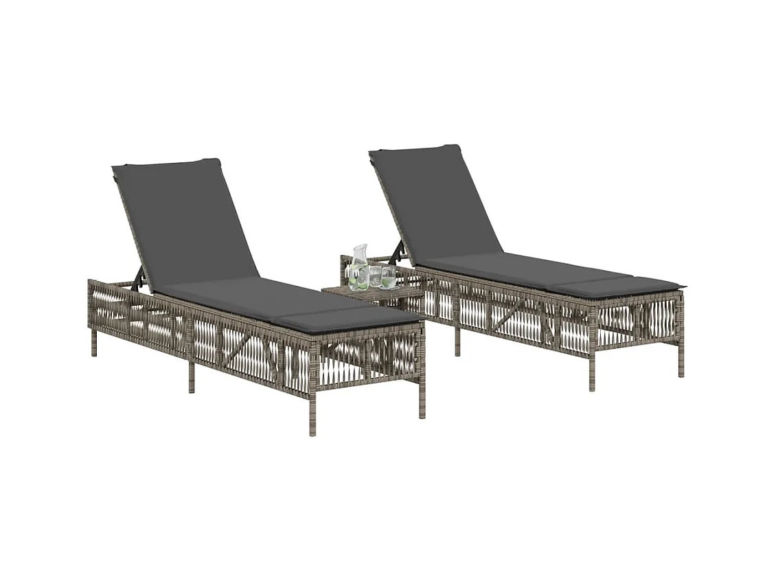 Conjunto de 2 tumbonas con mesa de mimbre de resina gris