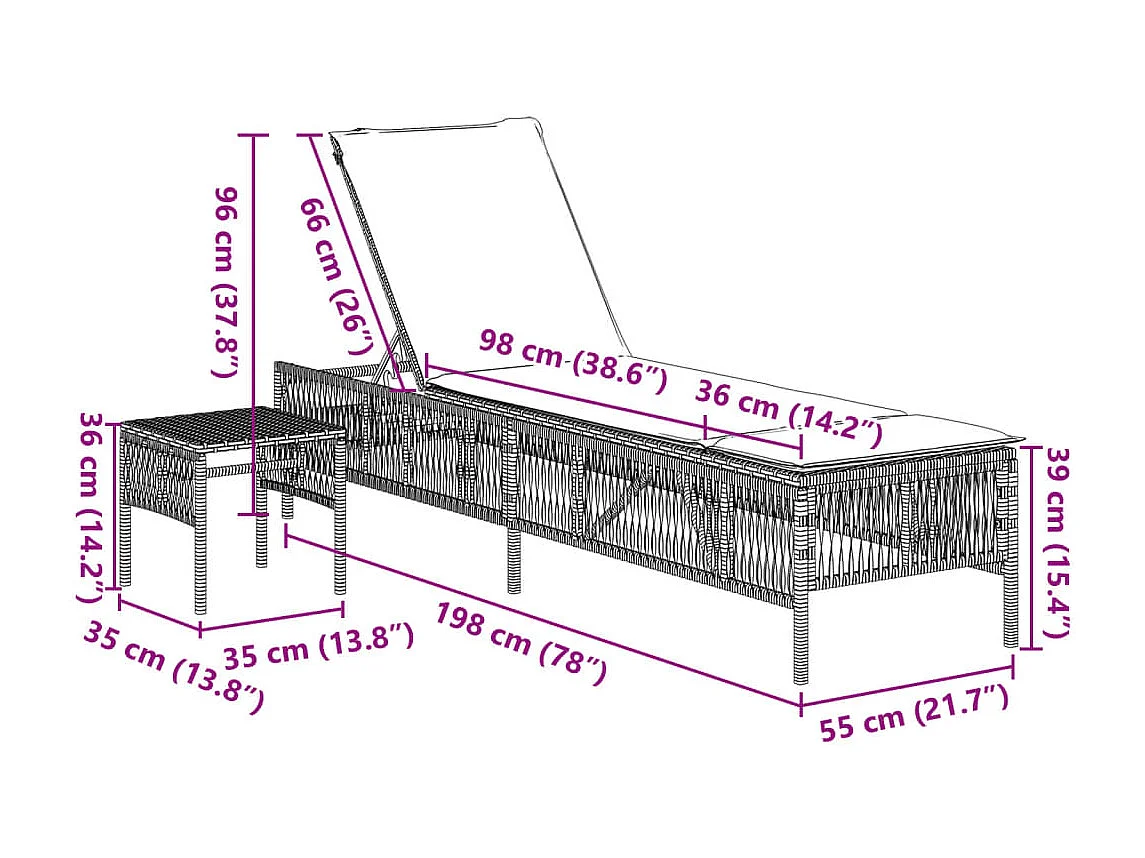 Conjunto de 2 tumbonas con mesa de mimbre de resina gris