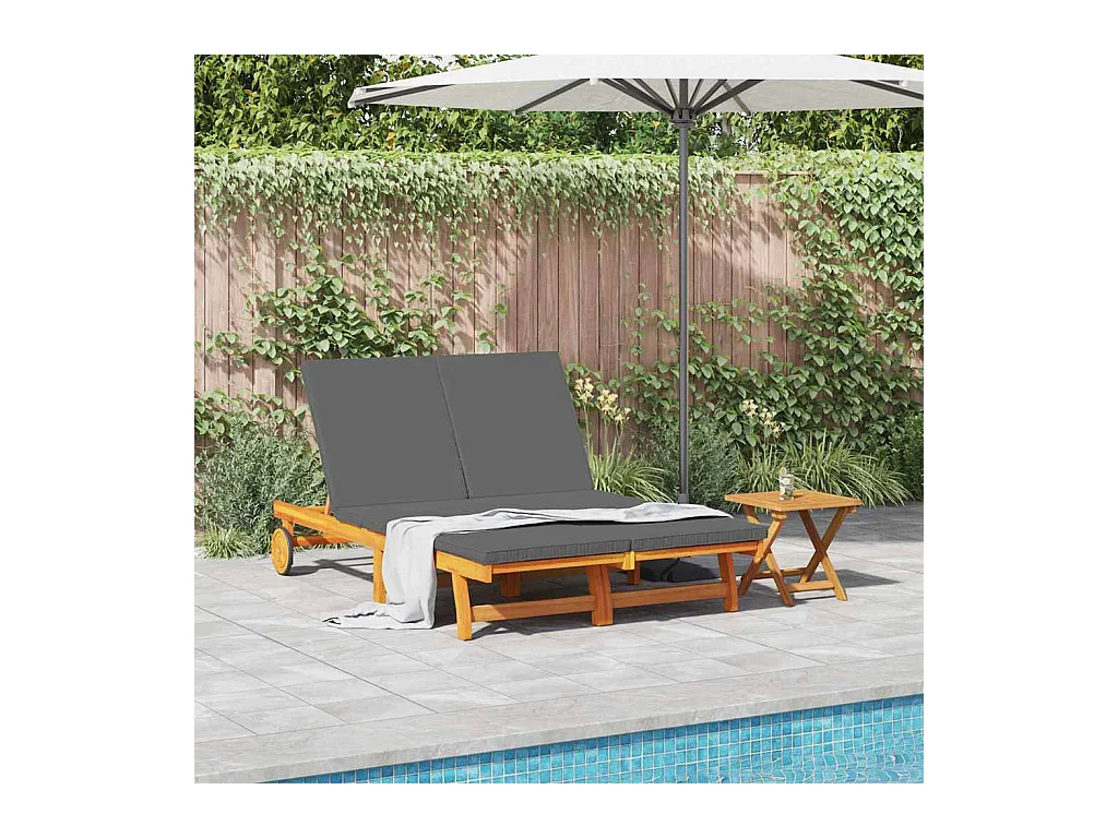 Baignoire de soleil double avec roues et coussins en bois d'acacia solide