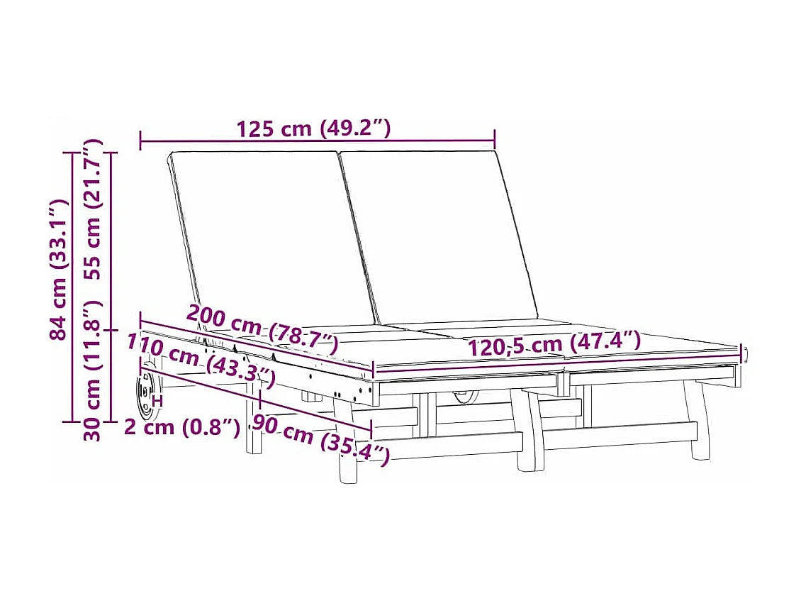 Vasca prendisole doppia con ruote e cuscini in legno massello di acacia