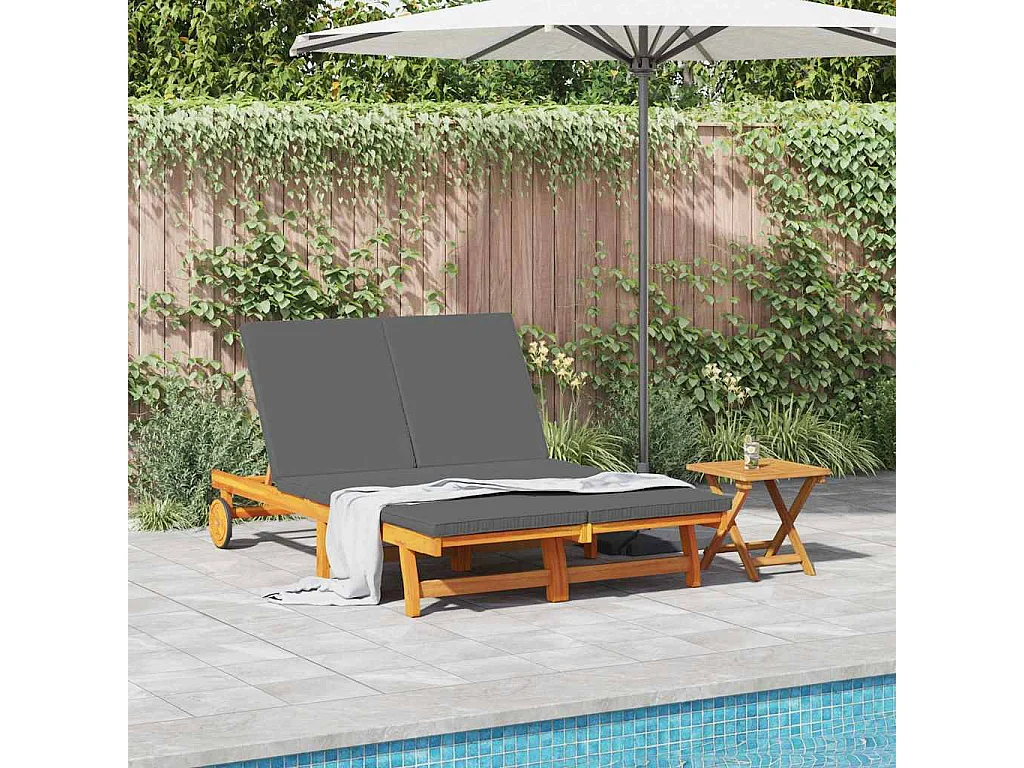 Baignoire de soleil double avec roues et coussins en bois d'acacia solide