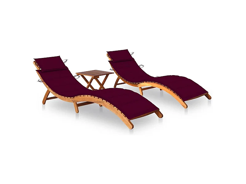 Conjunto de 2 tumbonas con mesa y cojines Madera maciza de acacia