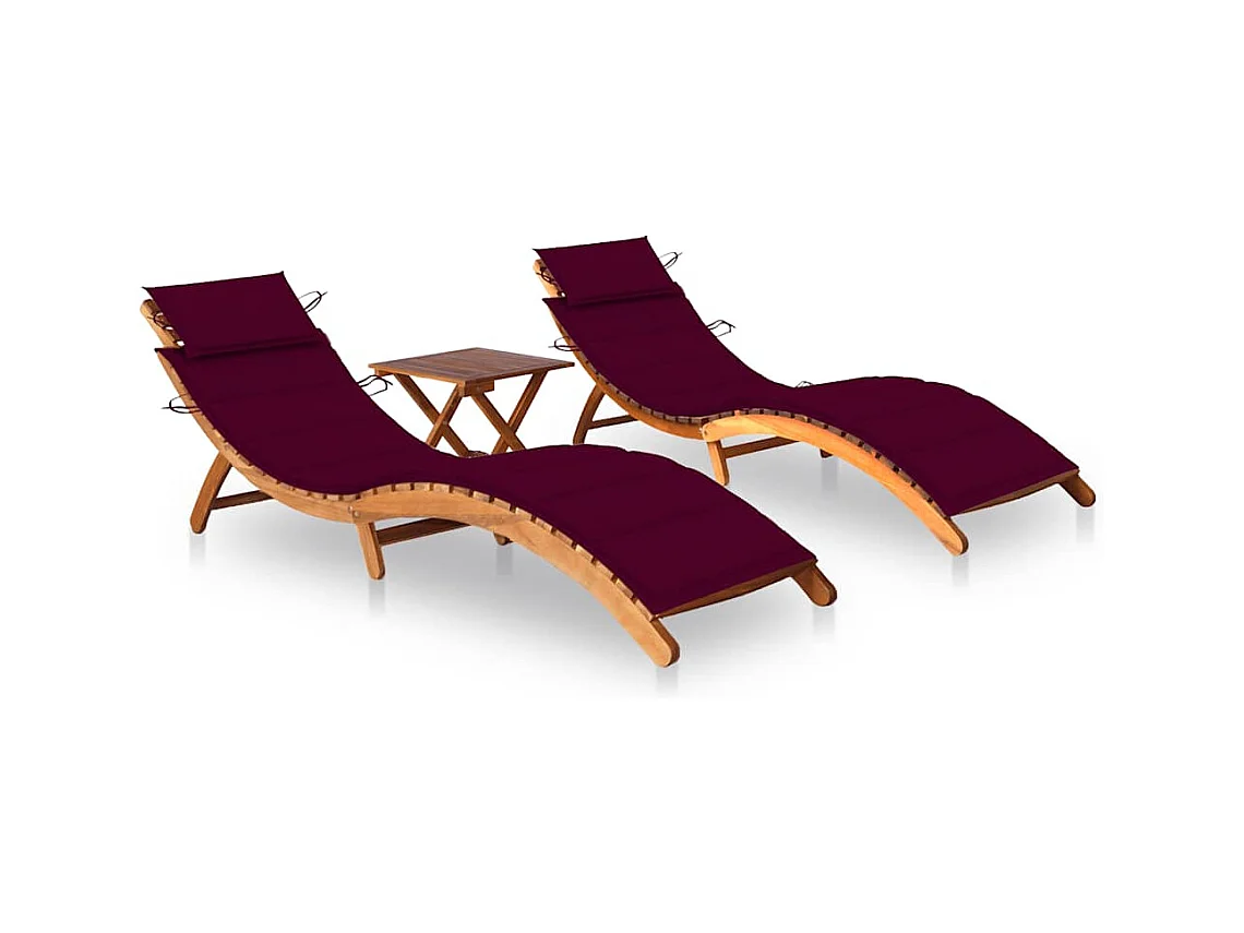 Conjunto de 2 tumbonas con mesa y cojines Madera maciza de acacia