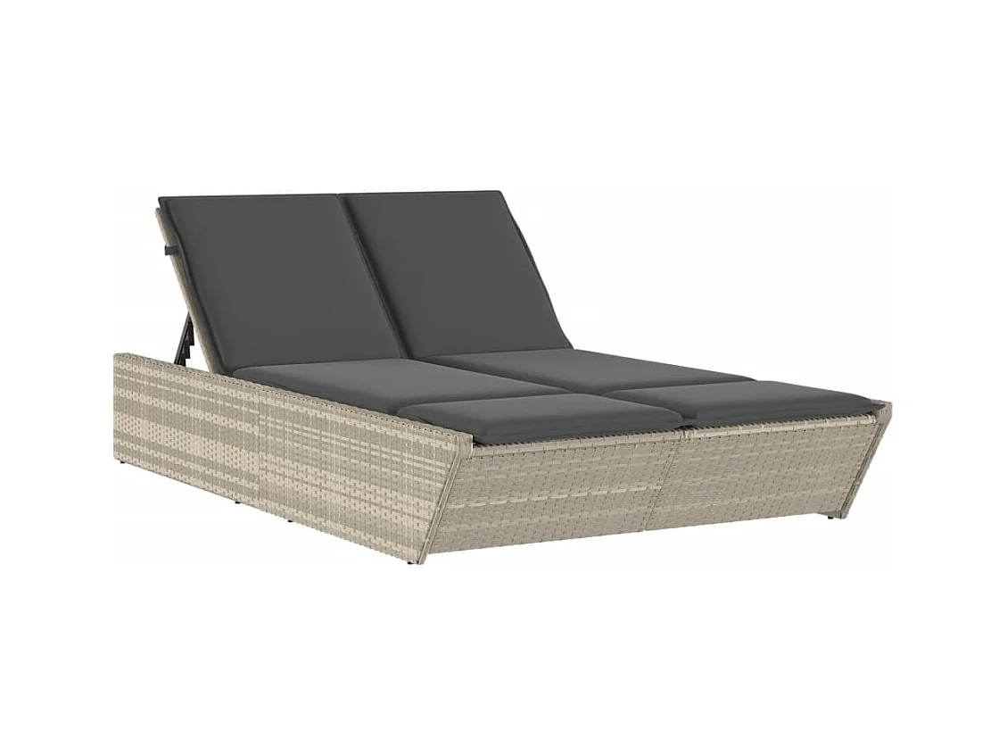 Dubbele chaise longue met lichtgrijze kussens van geweven hars