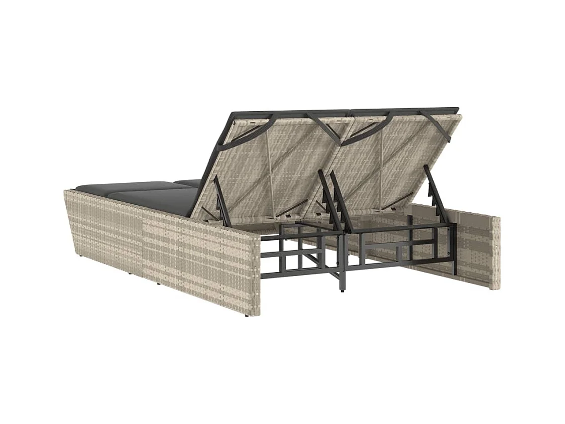 Dubbele chaise longue met lichtgrijze kussens van geweven hars