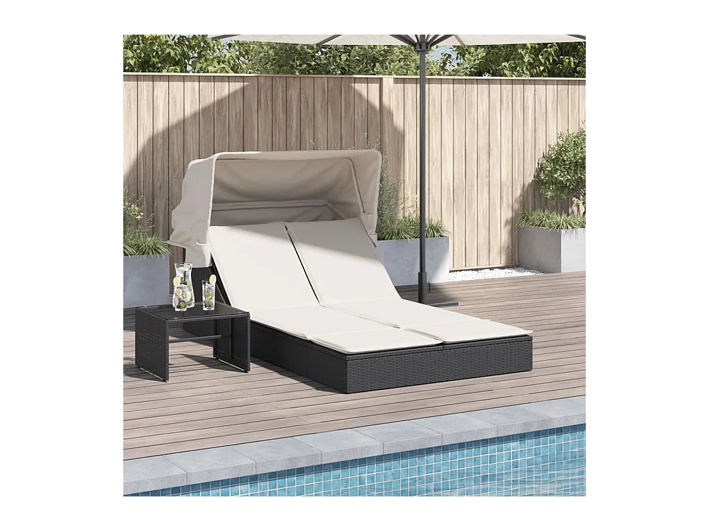 Chaise longue doble con toldo y cojines de mimbre negro