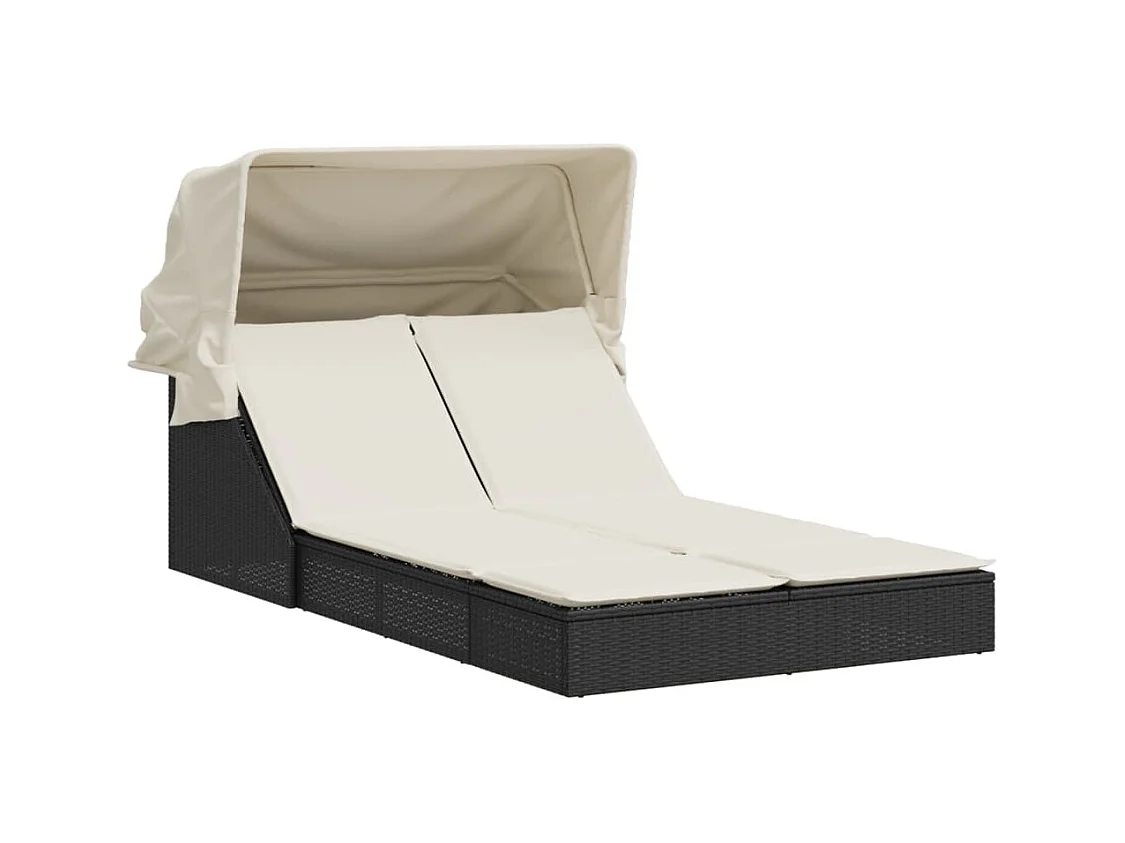 Chaise longue doble con toldo y cojines de mimbre negro