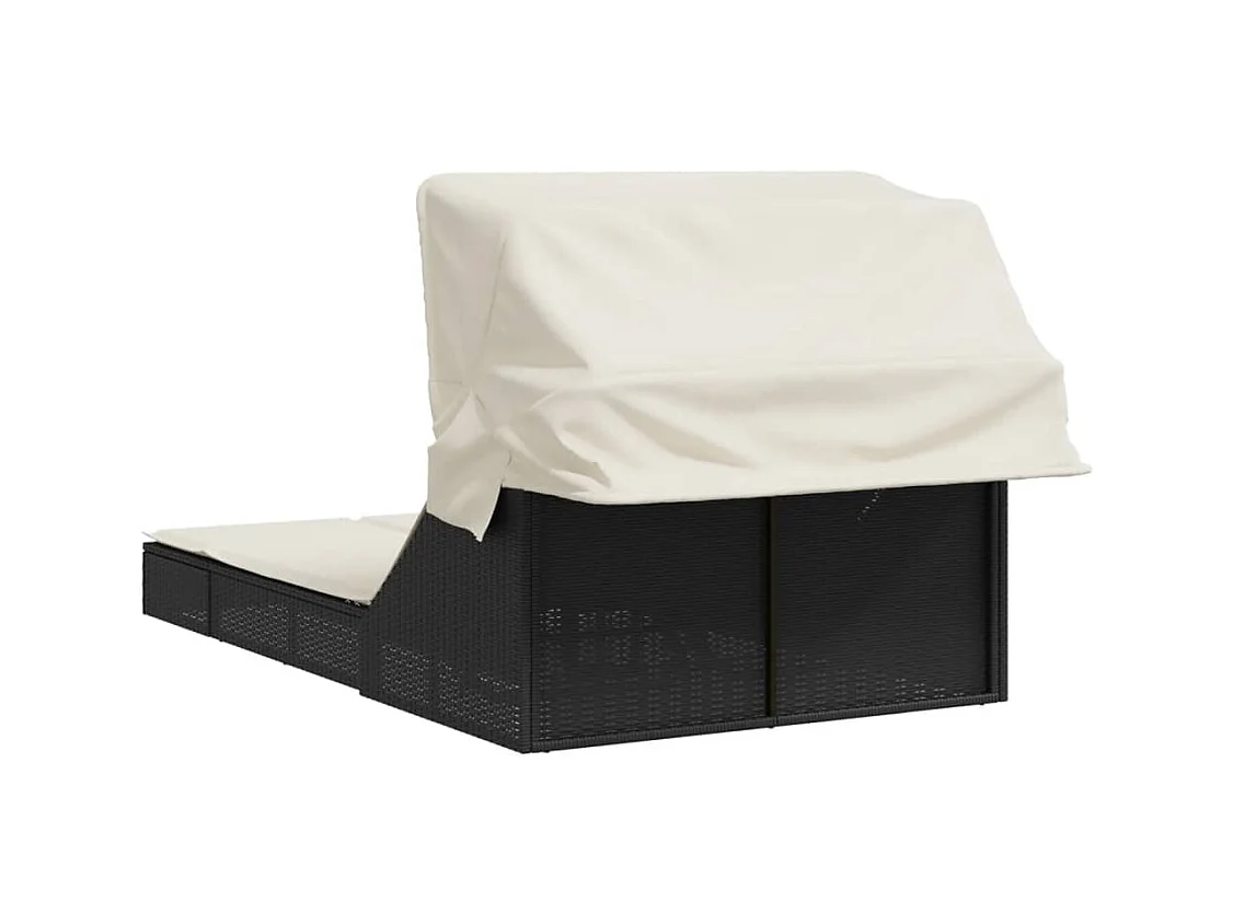 Chaise longue doble con toldo y cojines de mimbre negro