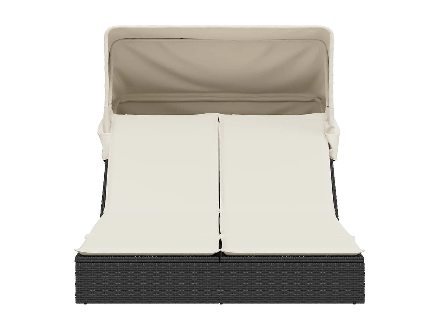 Chaise longue doppia con tenda da sole e cuscini in vimini nero
