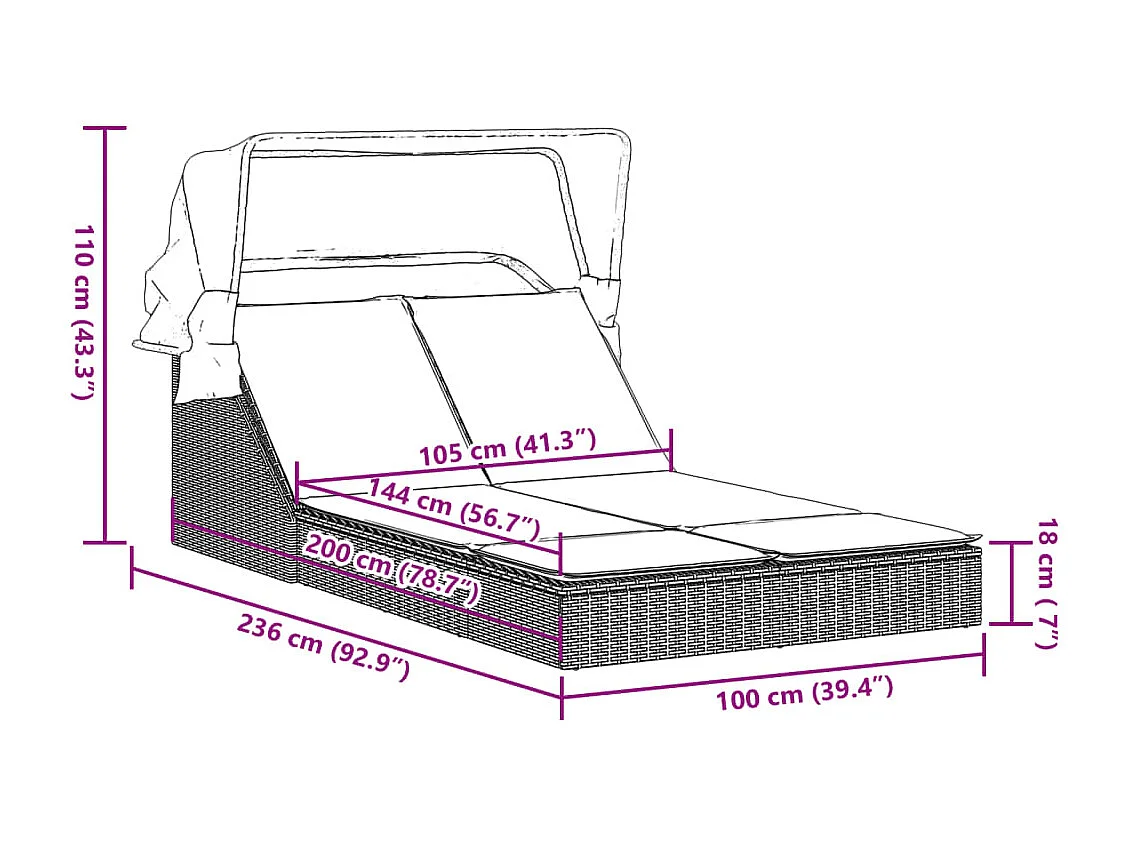 Chaise longue doppia con tenda da sole e cuscini in vimini nero