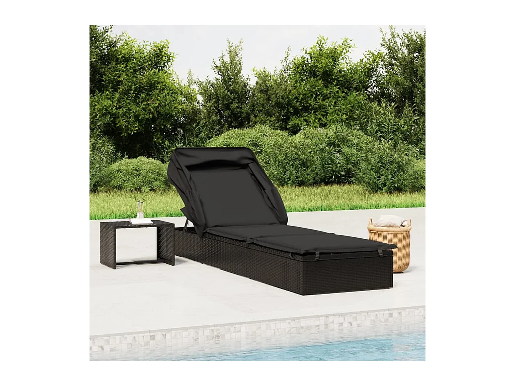Ligstoel met zwart opvouwbaar dak 213x63x97 cm geweven hars