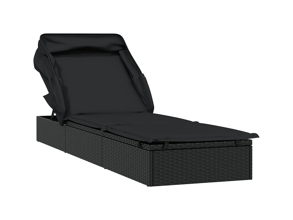 Ligstoel met zwart opvouwbaar dak 213x63x97 cm geweven hars