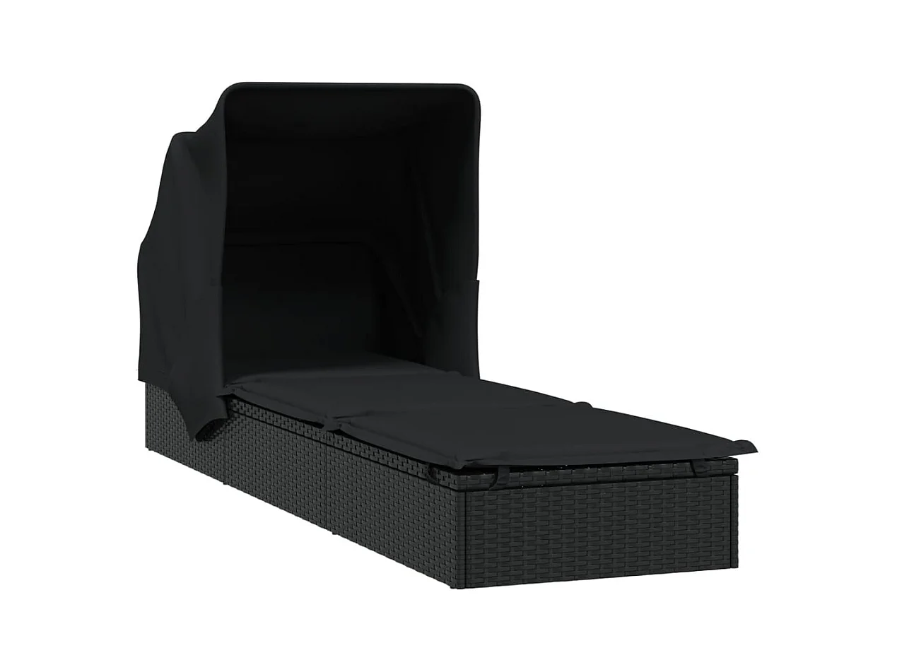 Ligstoel met zwart opvouwbaar dak 213x63x97 cm geweven hars