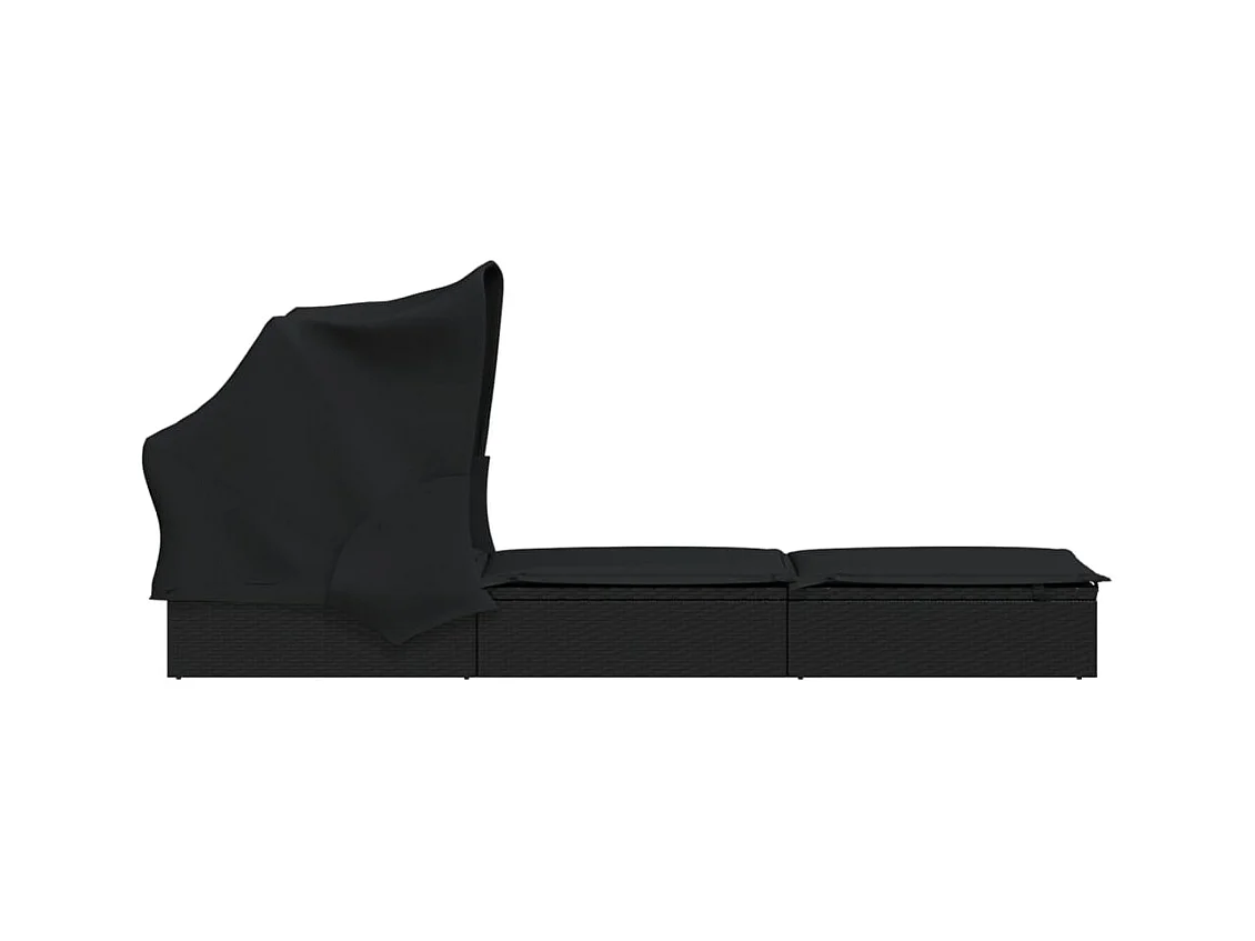 Ligstoel met zwart opvouwbaar dak 213x63x97 cm geweven hars