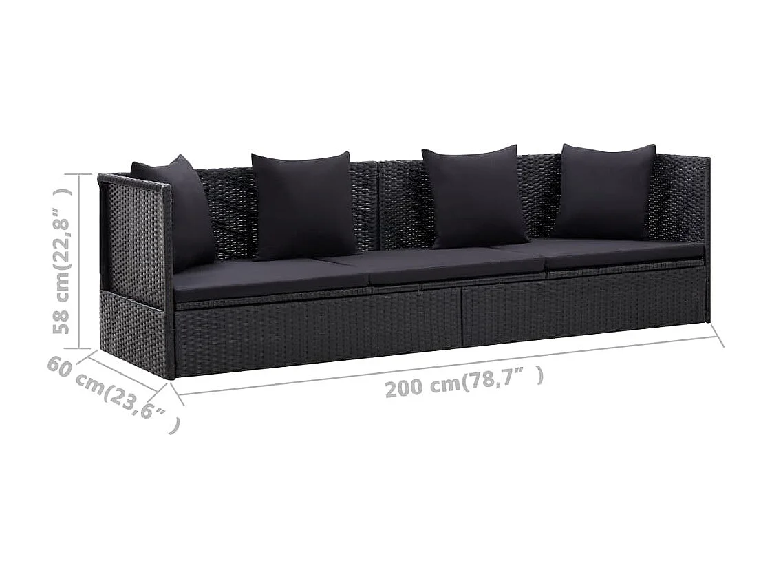 Lit de jardin avec coussin et oreiller Résine tressée Noir