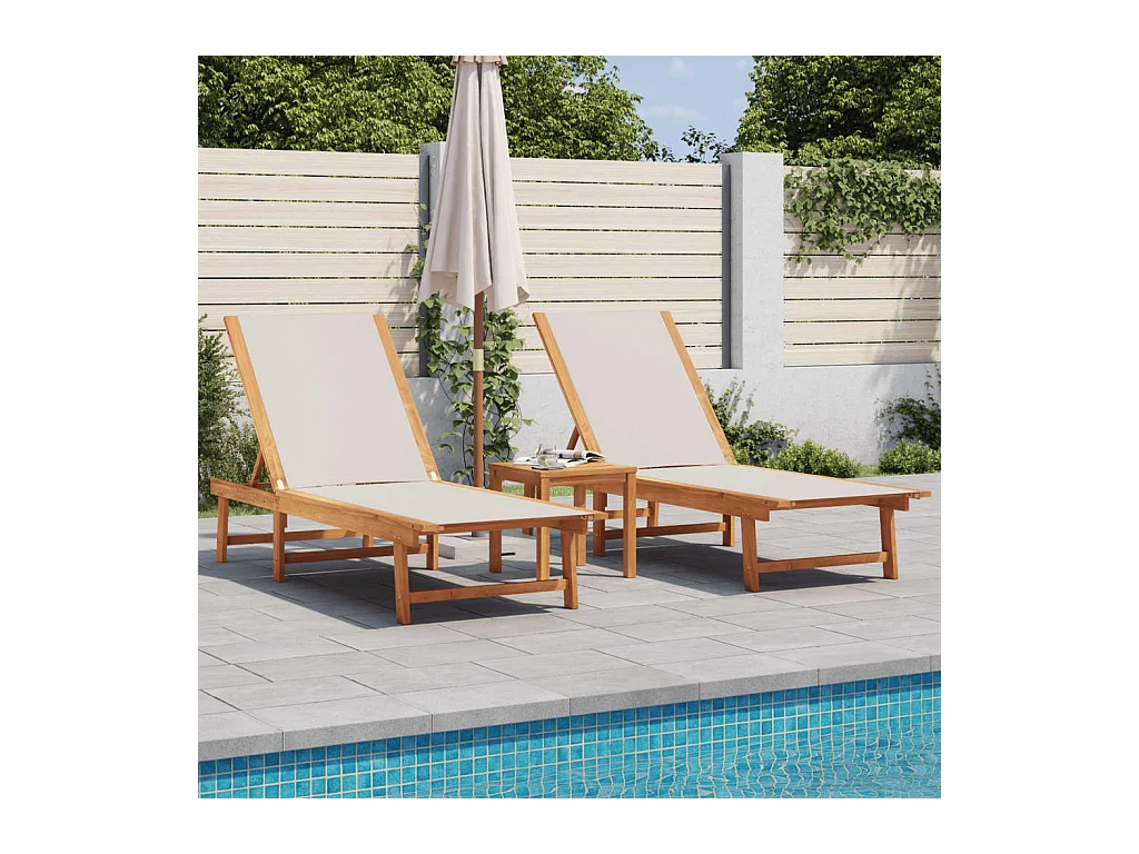 2er-Set Liegestühle mit grauem Akazienholz und Textilene-Tisch