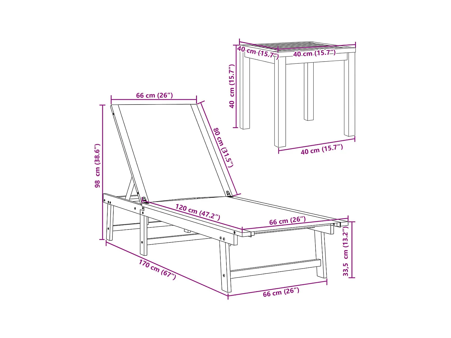 2er-Set Liegestühle mit grauem Akazienholz und Textilene-Tisch