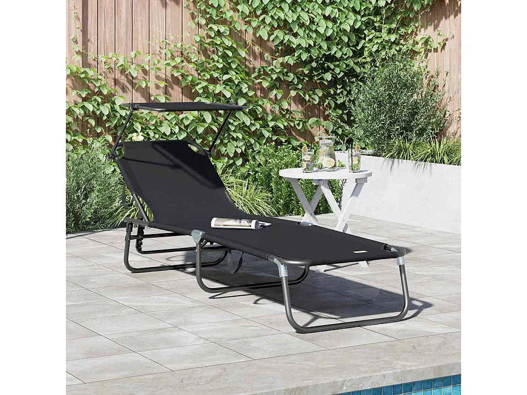 Chaise longue pliable noire en tissu Oxford 600D