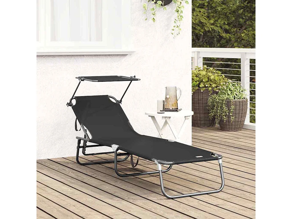 Chaise longue pliable noire en tissu Oxford 600D
