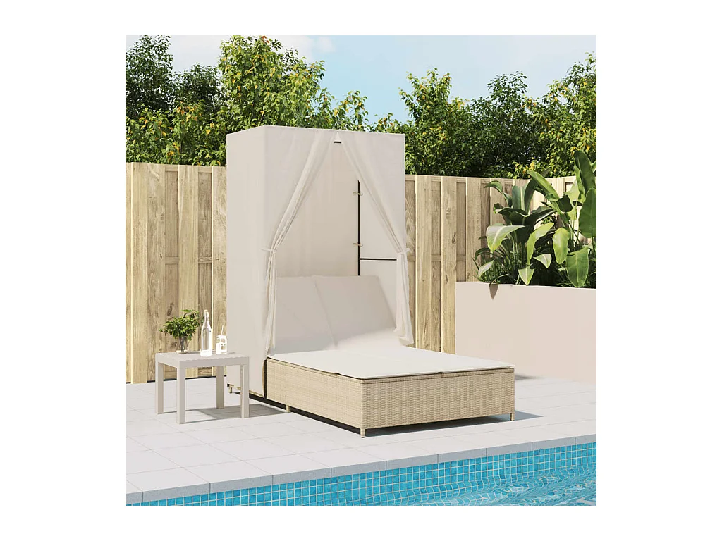 Dubbele chaise longue met dak en beige geweven harsgordijnen