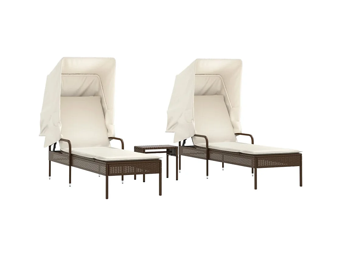 Set van 2 ligstoelen met luifels en tafel in bruin polyrotan