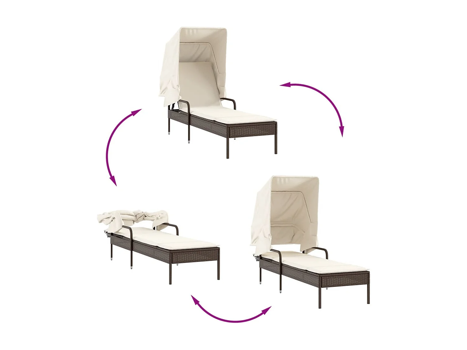 Set van 2 ligstoelen met luifels en tafel in bruin polyrotan