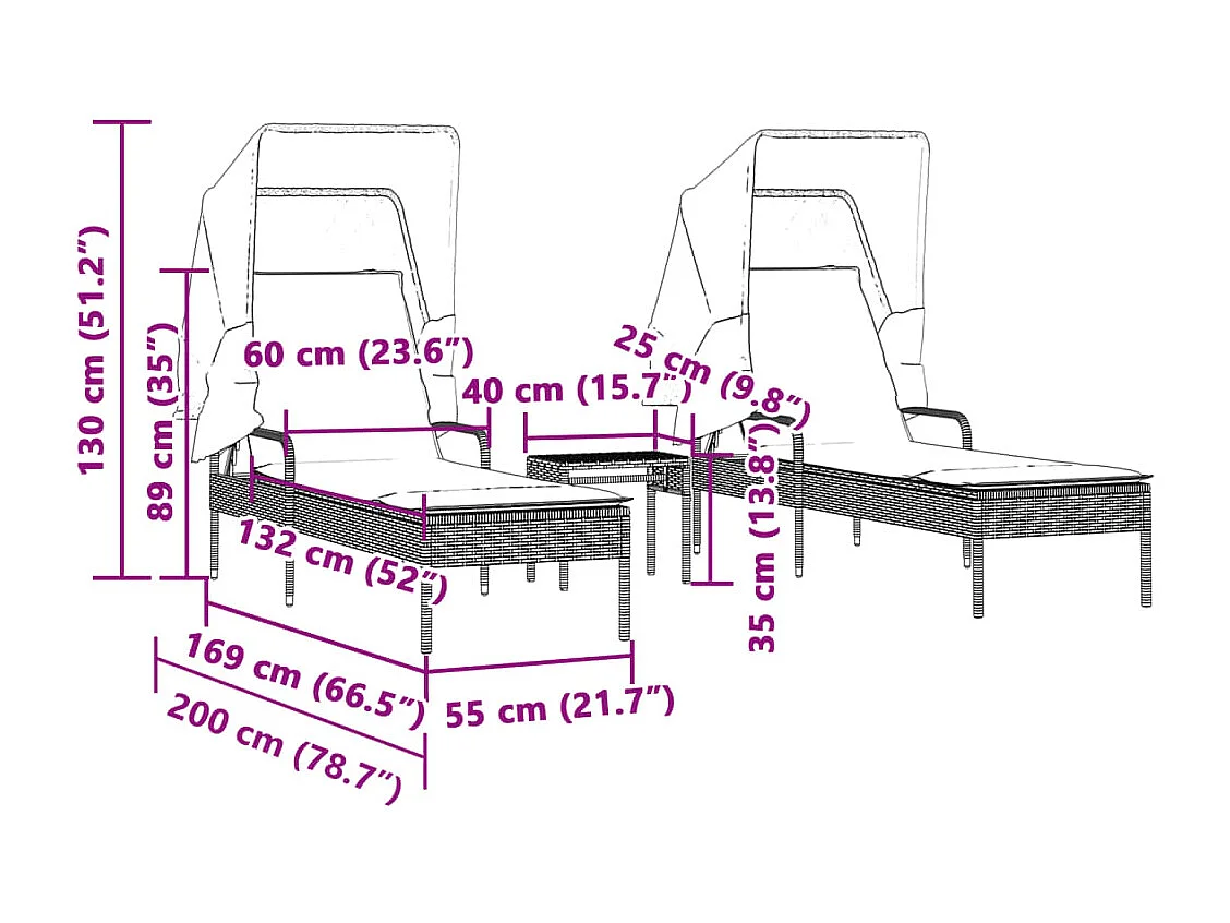Set di 2 lettini prendisole e tendaggi e tavolo in polyrattan marrone