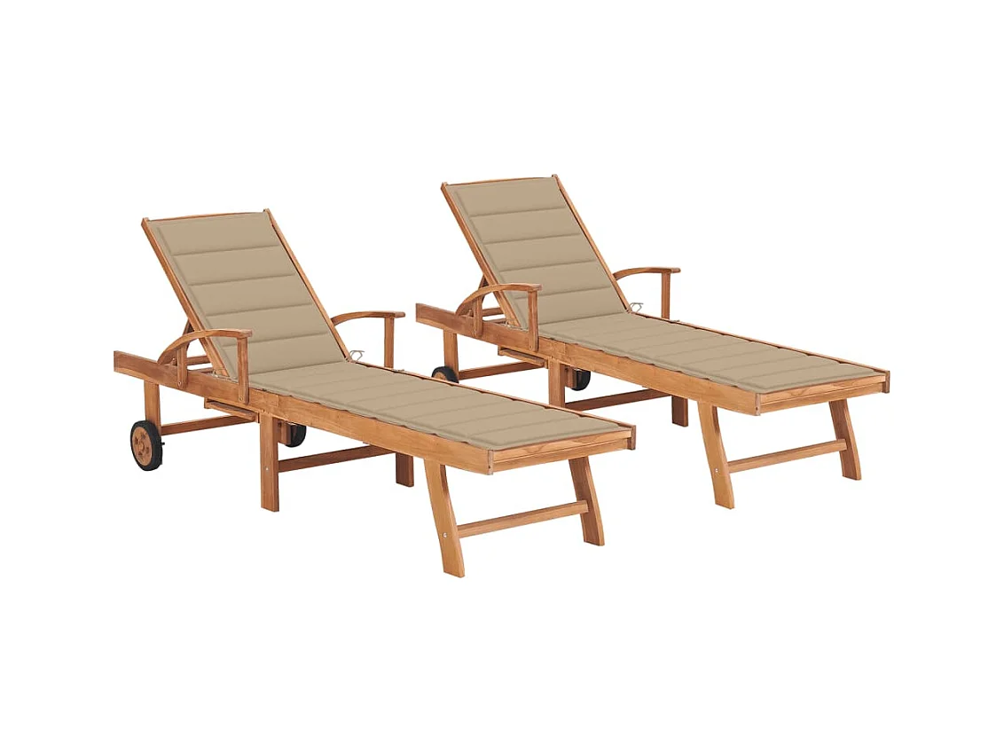 Chaises longues lot de 2 avec coussin beige Bois de teck solide