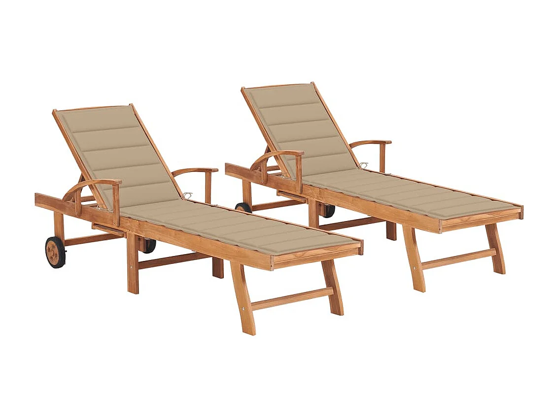 Chaises longues lot de 2 avec coussin beige Bois de teck solide
