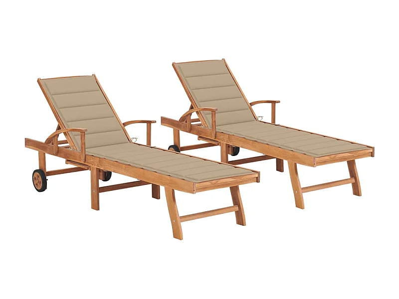 Chaises longues lot de 2 avec coussin beige Bois de teck solide