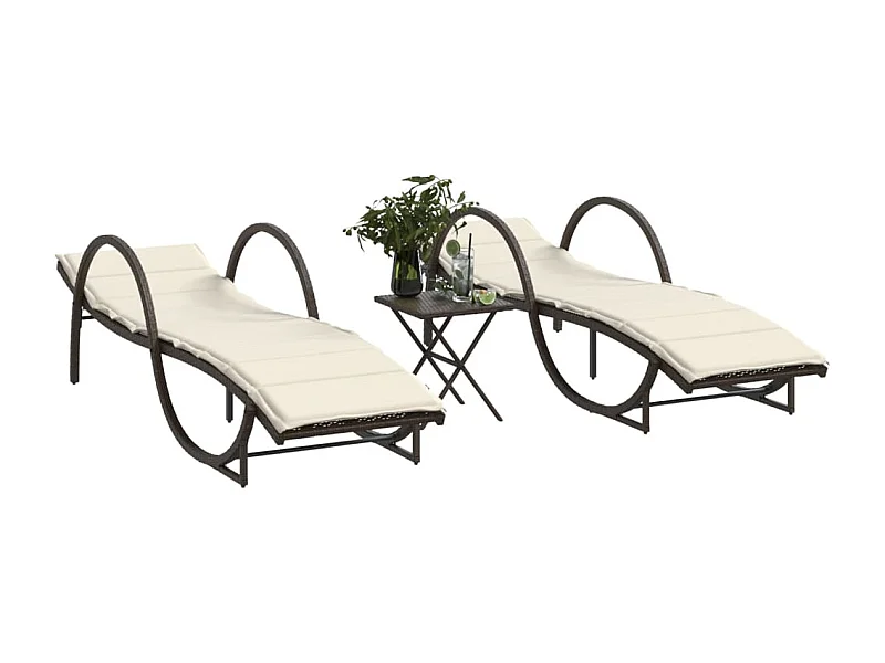 Conjunto de 2 tumbonas con mesa de mimbre de resina marrón