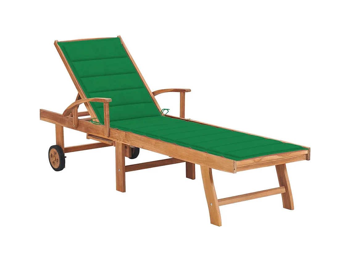 Chaise longue avec coussin vert Bois de teck solide