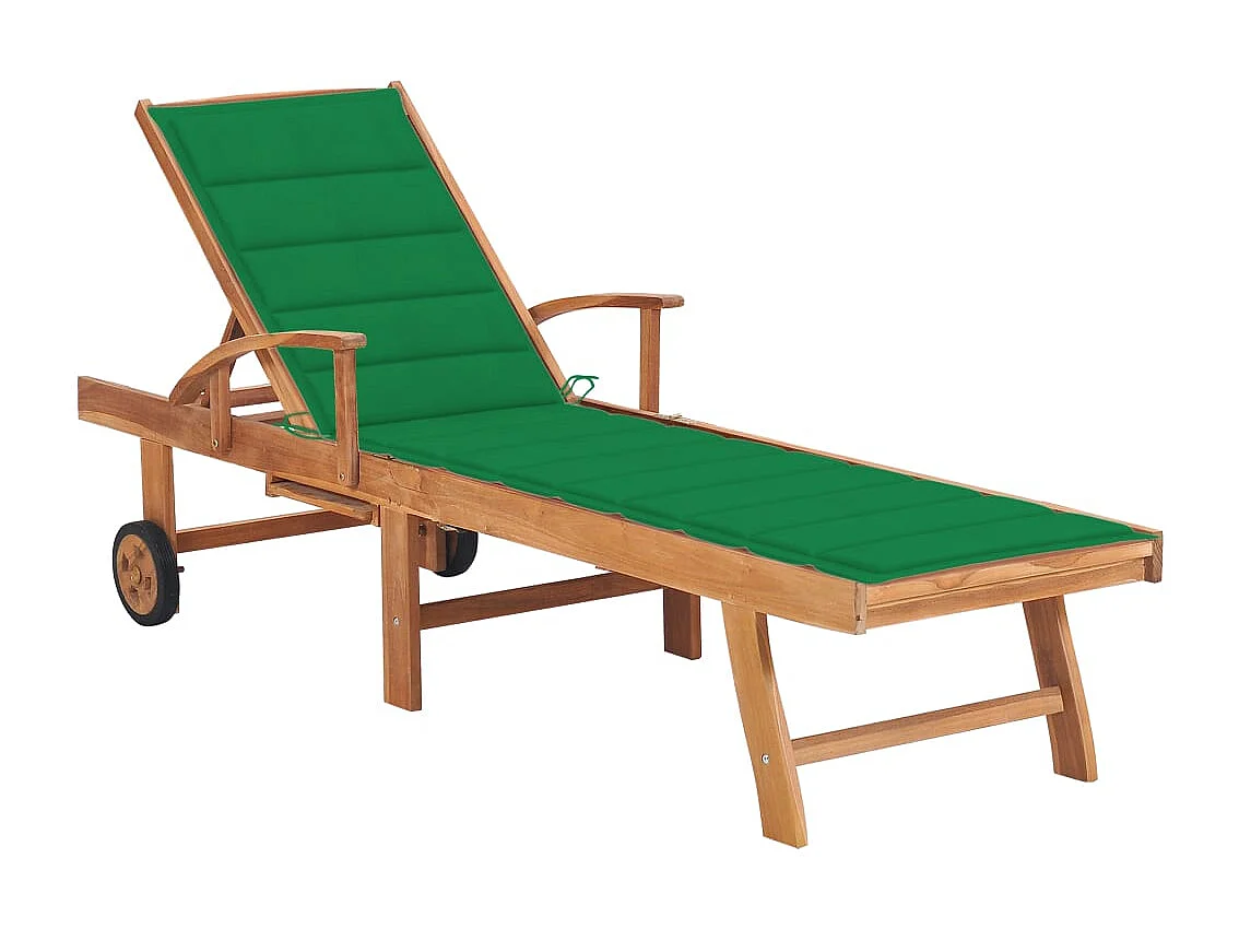 Chaise longue avec coussin vert Bois de teck solide