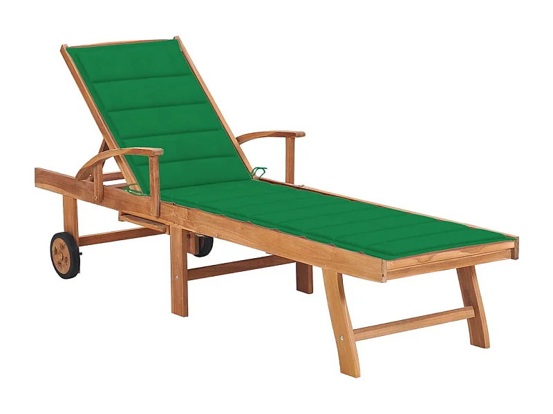 Chaise longue avec coussin vert Bois de teck solide
