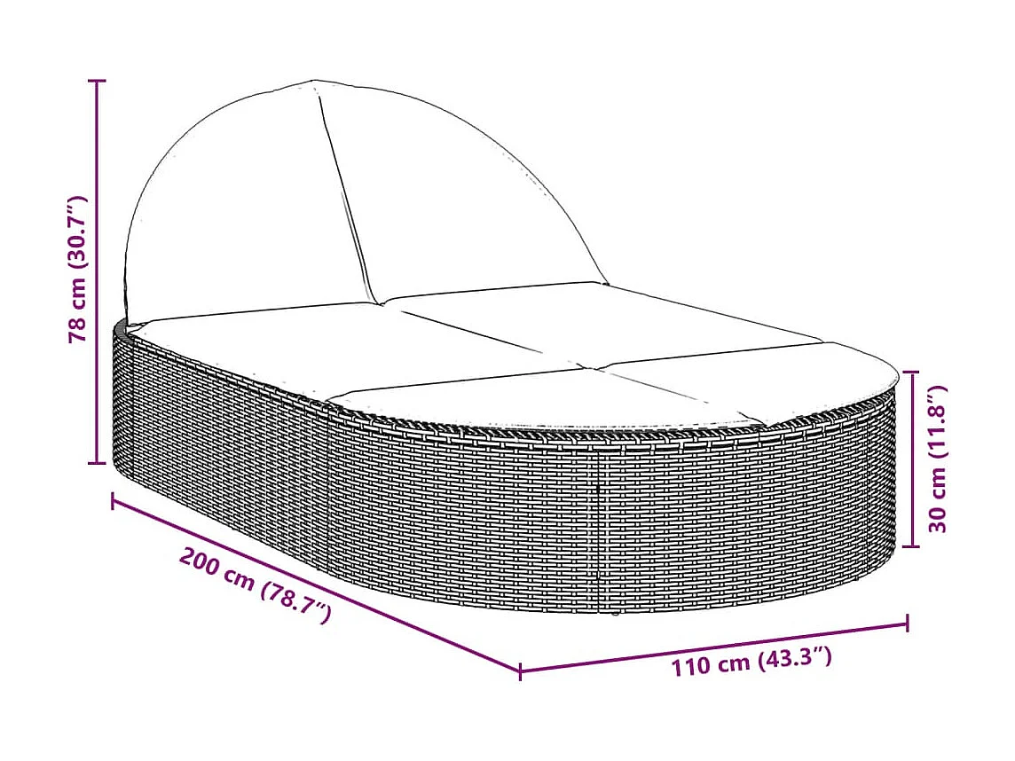 Chaise longue doble con cojines de mimbre de resina gris