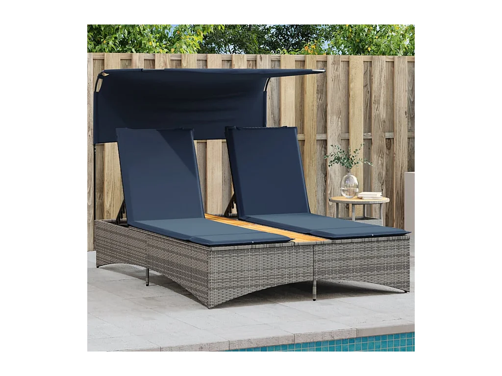 Chaise longue double avec auvent et coussins en polyrotin gris