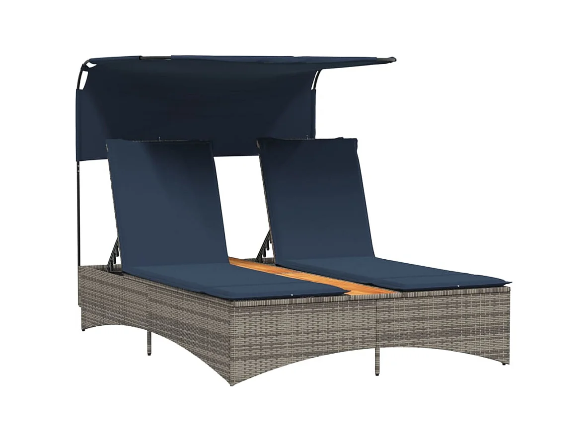 Chaise longue double avec auvent et coussins en polyrotin gris