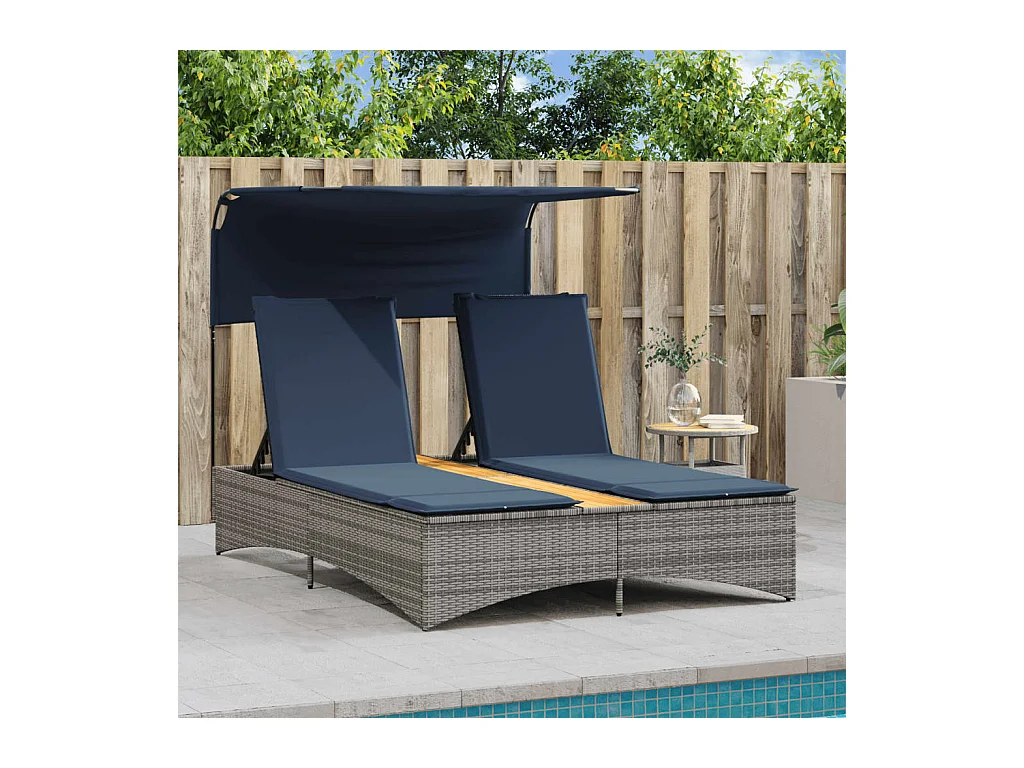 Chaise longue double avec auvent et coussins en polyrotin gris