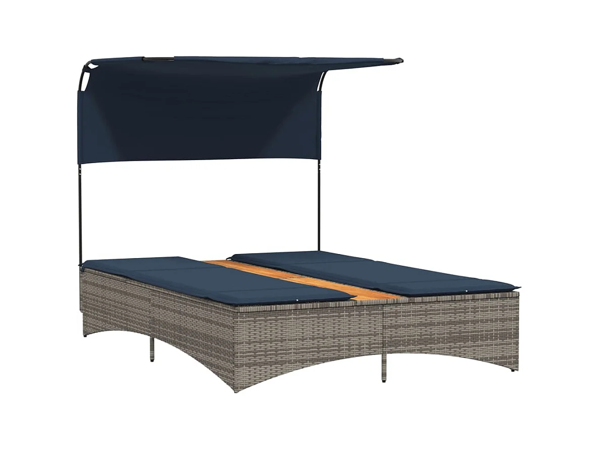 Chaise longue double avec auvent et coussins en polyrotin gris
