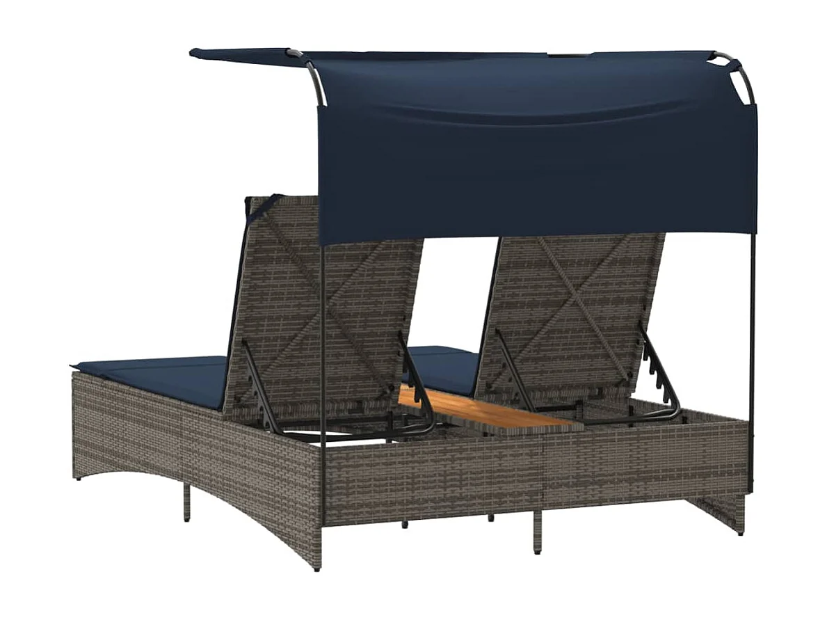 Chaise longue double avec auvent et coussins en polyrotin gris