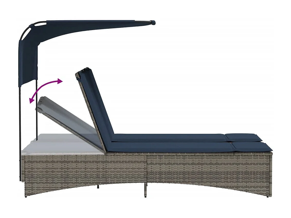 Chaise longue double avec auvent et coussins en polyrotin gris