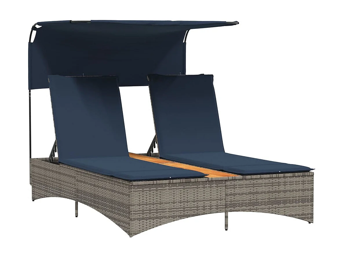 Chaise longue double avec auvent et coussins en polyrotin gris