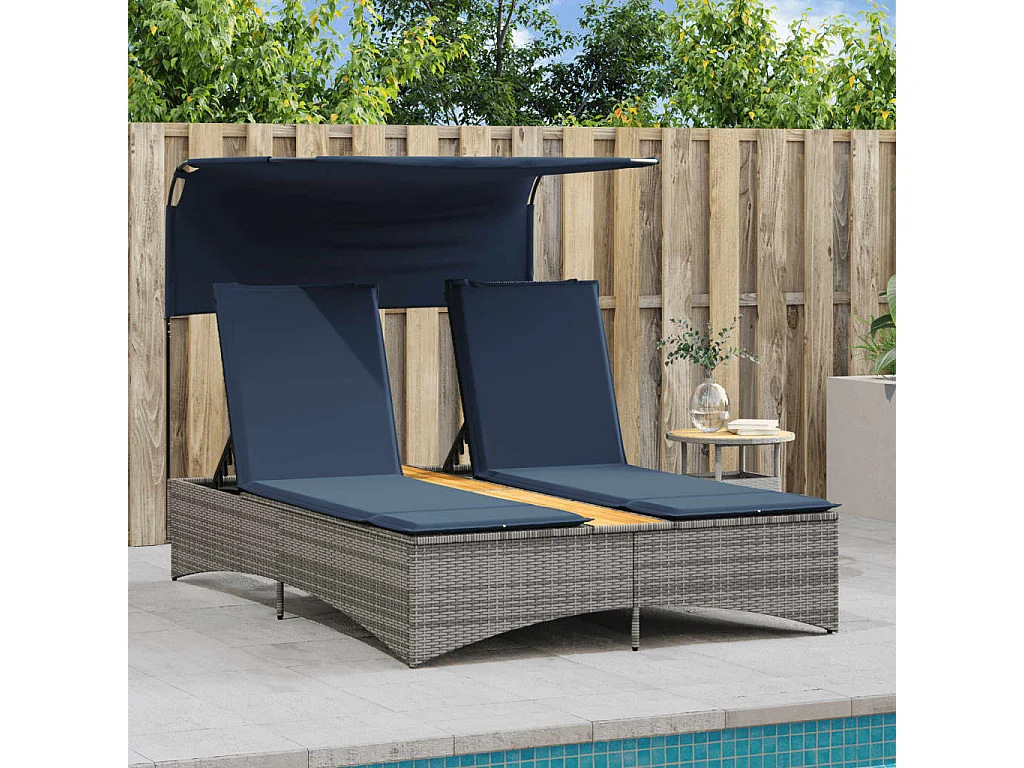 Chaise longue double avec auvent et coussins en polyrotin gris