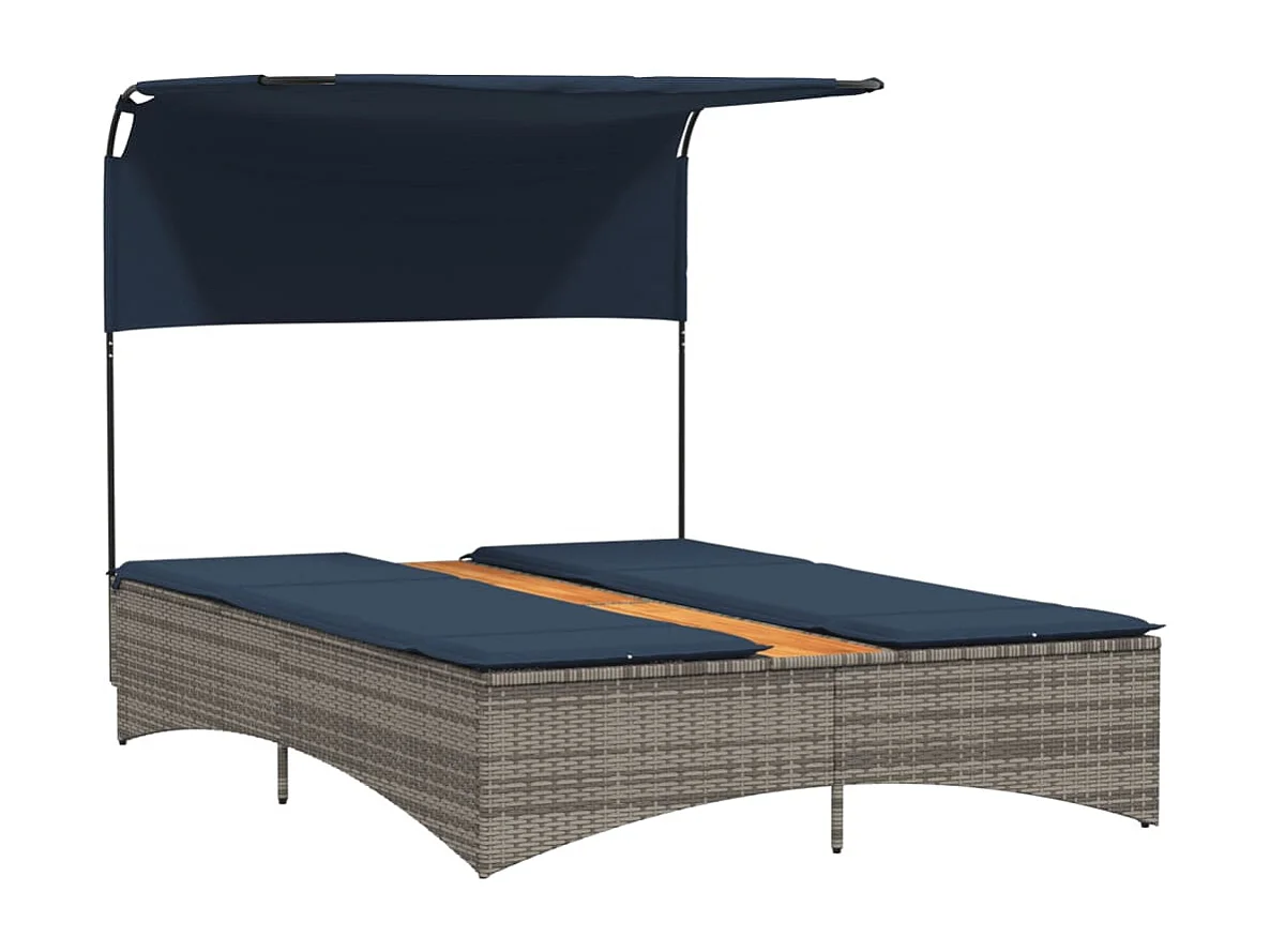 Chaise longue double avec auvent et coussins en polyrotin gris
