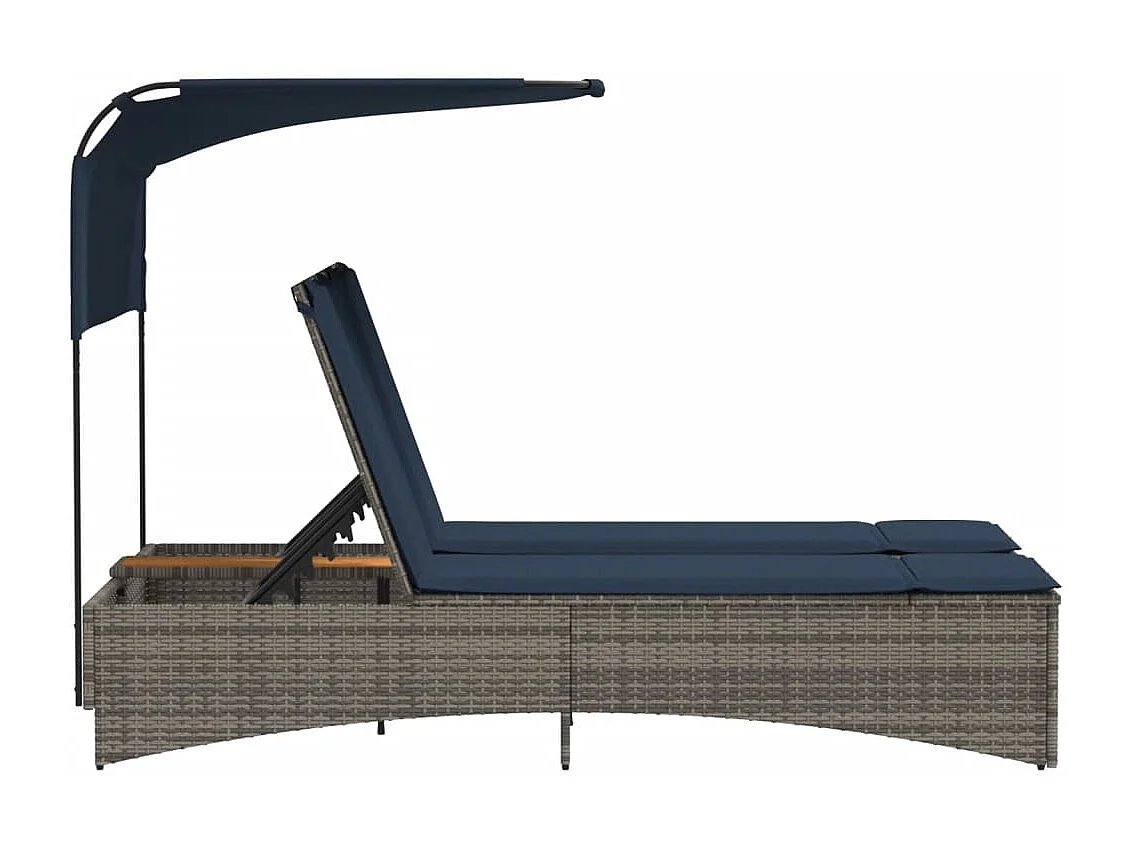 Chaise longue double avec auvent et coussins en polyrotin gris