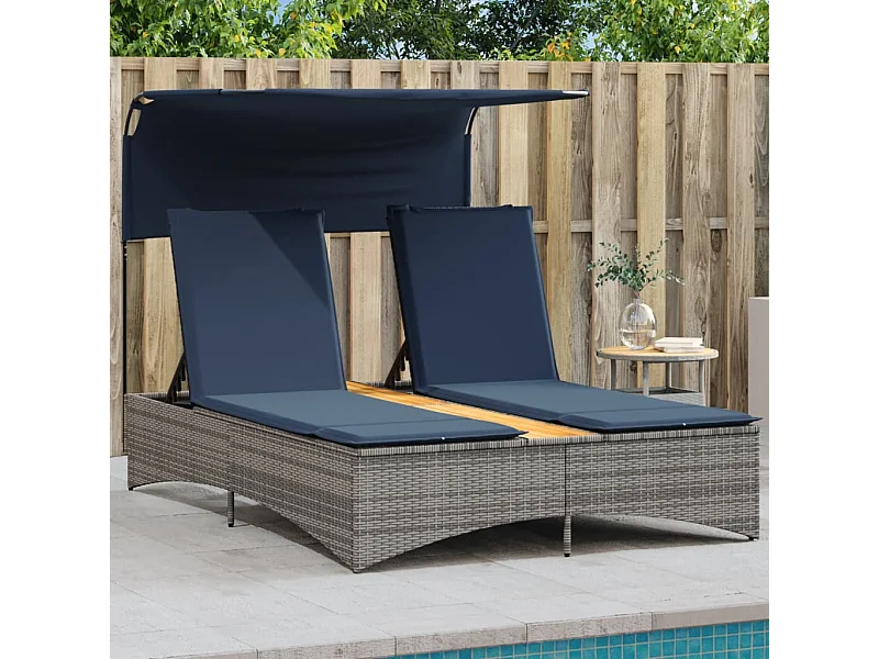 Chaise longue double avec auvent et coussins en polyrotin gris