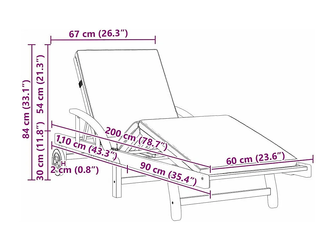 Transat 2 pcs Rouge 200 x 67 x 84cm Bois d'acacia massif